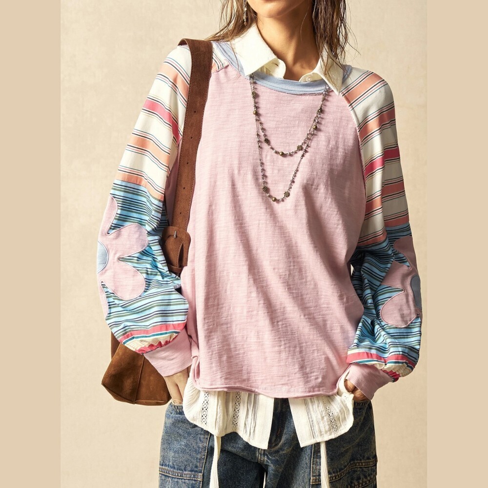 Casual Knit Color Block Round Neck Loose Fit Long Sleeve Sweatshirt For Women